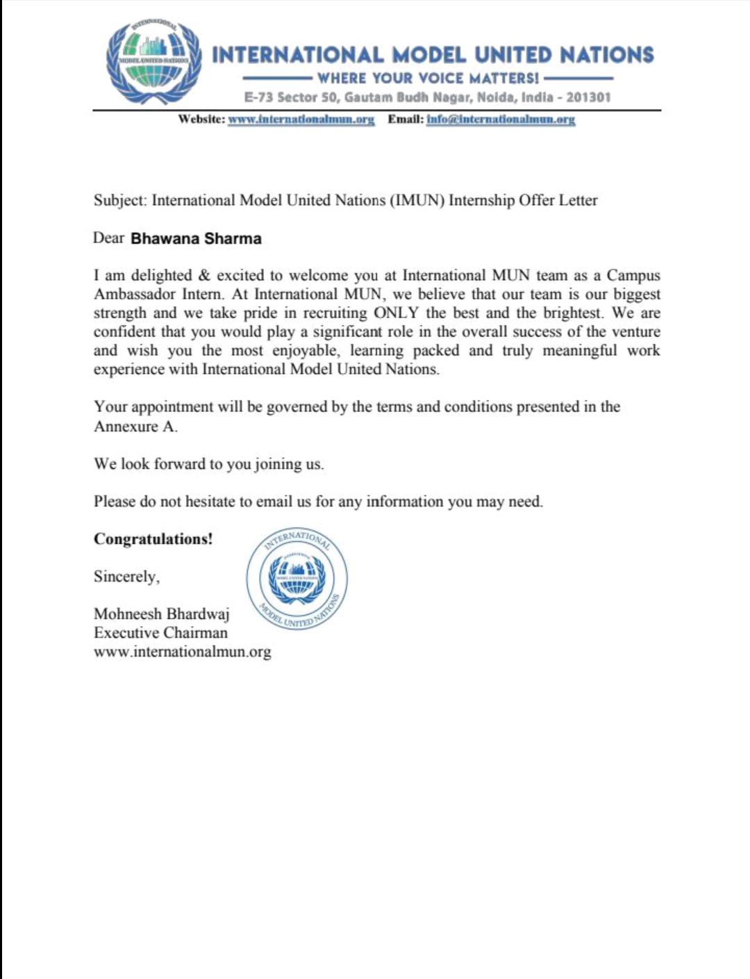 IMUN Internship Offer Letter